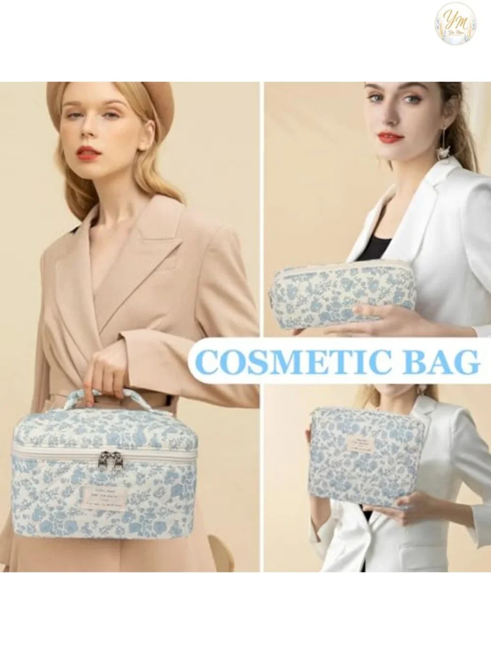 Quilted Makeup Bag Set Large Cotton Cosmetic Organizer with Gold-Plated Zippers